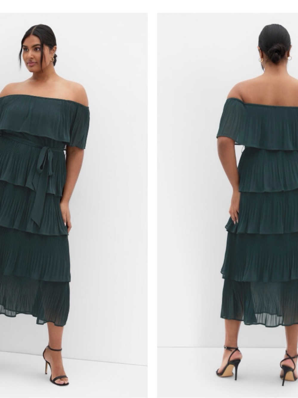 City Chic Off-Shoulder Tiered Pleated Midi Dress in Dark Green